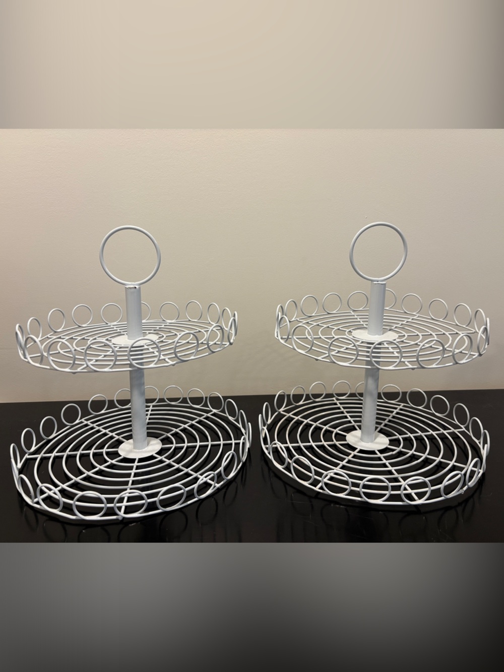 Pair of White Two-Tier Metal Dessert Stands